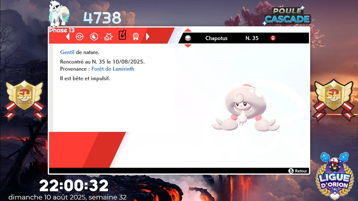 La phase 13 qui ce conclue par un Chapotus shiny ! ✨✨
4738 rencontres à la forêt lumirinth, très contente de celui-ci je ne l'avais pas! il est MA-GNI-FIQUE ✨✨

#SHLCUP3 #SHLS11 #PokemonSwordShield #shiny #shinyhunt #LDO