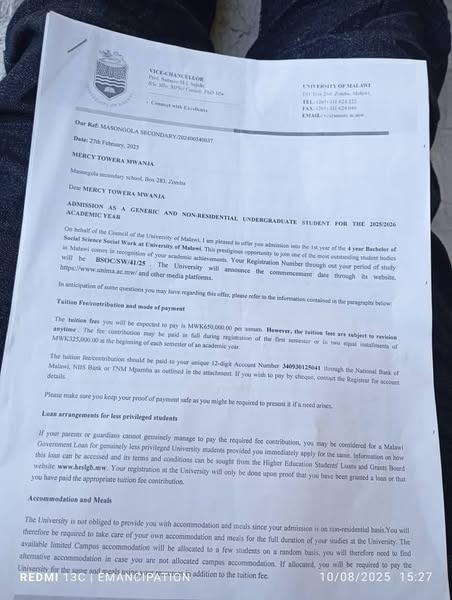 nyasajobs's tweet photo. 17-Year-Old Poor Girl With 16 Points, Gets UNIMA Selection – But Faces Losing Her Place as Sponsorship Ends. She Needs Urgent help... please share the message. 

For assistance, please contact:

Mr. Thanks Elia: 099 681 9517
Evelyn Mwanja: 098 637 2449
Memory Sululu: 098 256 3283 https://t.co/OcPPFNw0vT