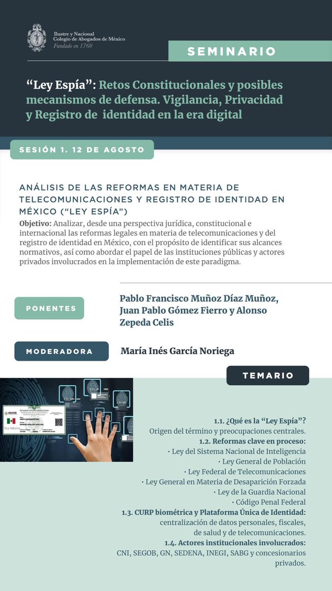 Ricardo Mendoza (@ricmenque) on Twitter photo 🚨 Este martes tendremos en el <a href="/INCAM_Abogados/">Colegio de Abogados</a> a 3 ponentes magníficos para desmenuzar la #LeyEspía:
<a href="/JPgomezfierro/">Juan Pablo Gómez Fierro</a>
<a href="/pmunozd/">pablo munoz diaz</a>
<a href="/_alonso_zepeda/">AlonsoZepeda</a>
¿El gobierno federal utilizará nuestros datos personales para espiarnos? ¿Es seguro que el gobierno resguarde nuestros datos 🚨 Este martes tendremos en el <a href="/INCAM_Abogados/">Colegio de Abogados</a> a 3 ponentes magníficos para desmenuzar la #LeyEspía:
<a href="/JPgomezfierro/">Juan Pablo Gómez Fierro</a>
<a href="/pmunozd/">pablo munoz diaz</a>
<a href="/_alonso_zepeda/">AlonsoZepeda</a>
¿El gobierno federal utilizará nuestros datos personales para espiarnos? ¿Es seguro que el gobierno resguarde nuestros datos