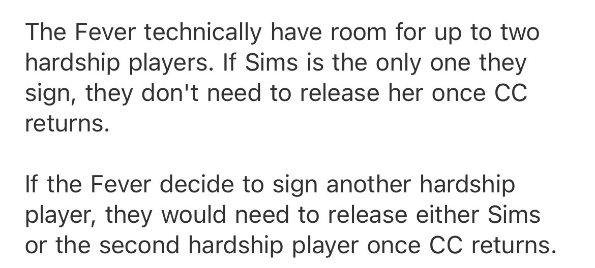 The Fever signed Odyssey Sims on a regular hardship contract, which isn’t necessarily tied to the 10-available player rule.

The rule is confusing, but the jist of it (which is still too long to be in a single post) is this: