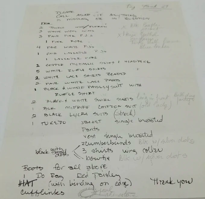ThatEricAlper's tweet photo. The list for all the clothing items Prince wanted for the “Purple Rain” tour with his notes. https://t.co/6viAT7dy3i