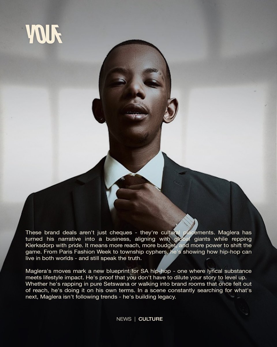 youf_co_za's tweet photo. @MagleraDoeBoy went from the Klerksdorp to being the face of @Hennessy, @PUMASouthAfrica & Lunch Bar… all while keeping the bars sharp.
The underdog's playing for legacy now.
Full story → #YoufNews #YOUtheFuture
#MagleraBrandBoy https://t.co/0BMAuRWwjS