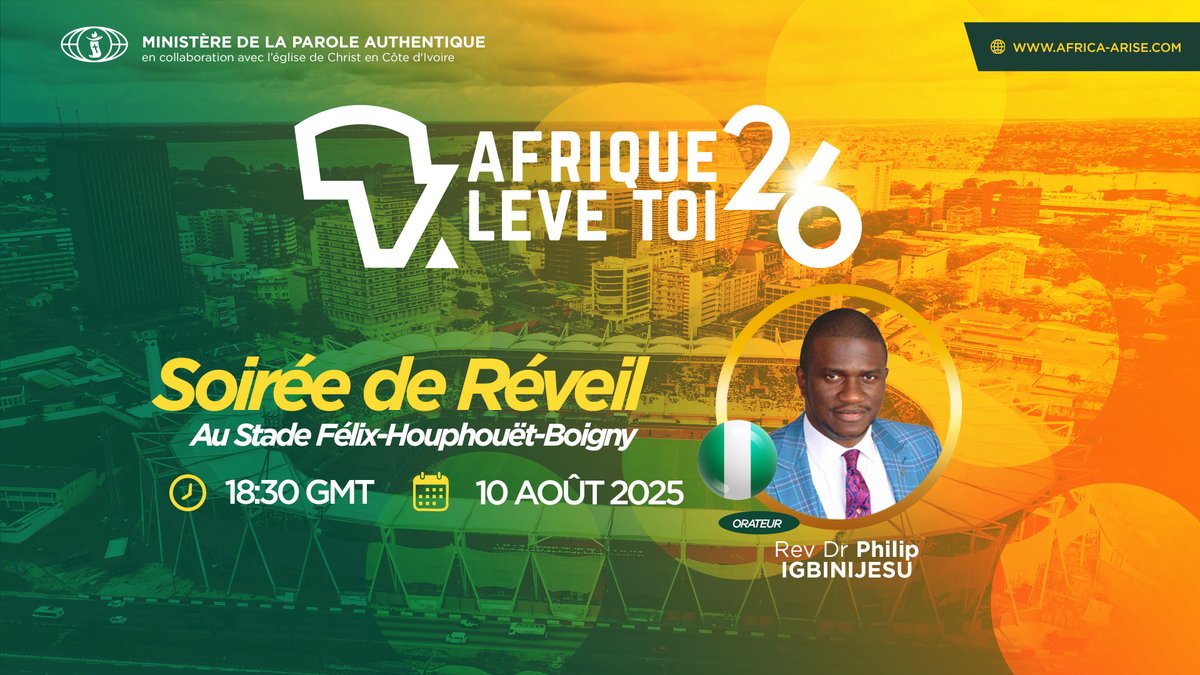 Bienvenue au dernier jour de notre conférence ! Rejoignez-nous en ligne et vivez cette puissante session de clôture. Dieu a quelque chose de spécial pour vous ! Suivez en DIRECT ici: africa-arise.com/live