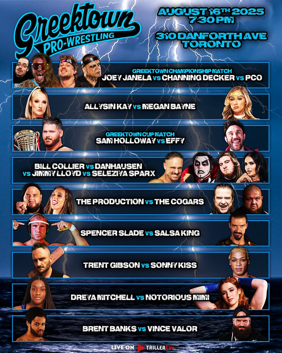 Greektown Wrestling (@grkwrestling) on Twitter photo TORONTO 🚨 Don’t miss our STACKED card this SATURDAY! 🔥 See <a href="/AEW/">All Elite Wrestling</a> <a href="/DanhausenAD/">Danhausen</a> <a href="/meganbayne/">MEGAN BAYNE ⚡️ メーガン・ベーン</a> <a href="/PCOisNotHuman/">PCO Perfect Creation One</a> <a href="/JANELABABY/">“The Bad Boy” Joey Janela</a> @effylives <a href="/rickyberwick/">Ricky Berwick</a> & so many more all in action! 🚀 LIVE on #TrillerTV! Get your VIP Tables or steam now! Link in bio 💪 #AEW #TNA #GCW #ROH #WWE #NXT TORONTO 🚨 Don’t miss our STACKED card this SATURDAY! 🔥 See <a href="/AEW/">All Elite Wrestling</a> <a href="/DanhausenAD/">Danhausen</a> <a href="/meganbayne/">MEGAN BAYNE ⚡️ メーガン・ベーン</a> <a href="/PCOisNotHuman/">PCO Perfect Creation One</a> <a href="/JANELABABY/">“The Bad Boy” Joey Janela</a> @effylives <a href="/rickyberwick/">Ricky Berwick</a> & so many more all in action! 🚀 LIVE on #TrillerTV! Get your VIP Tables or steam now! Link in bio 💪 #AEW #TNA #GCW #ROH #WWE #NXT