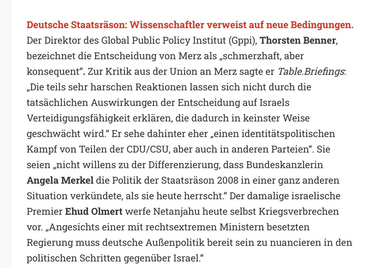Thorsten Benner (@thorstenbenner) on Twitter photo „Die teils harschen Reaktionen auf Merz’ schmerzhafte, aber konsequente Entscheidung lassen sich nicht durch tatsächlichen Auswirkungen auf Israels Verteidigungsfähigkeit erklären, die in keinster Weise geschwächt wird, sondern identitätspolitischen Kampf“.
Für <a href="/TableBriefings/">Table.Briefings</a>. „Die teils harschen Reaktionen auf Merz’ schmerzhafte, aber konsequente Entscheidung lassen sich nicht durch tatsächlichen Auswirkungen auf Israels Verteidigungsfähigkeit erklären, die in keinster Weise geschwächt wird, sondern identitätspolitischen Kampf“.
Für <a href="/TableBriefings/">Table.Briefings</a>.