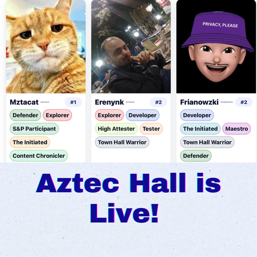 seuncoded's tweet image. Been cooking something special for the @aztecnetwork  fam
Proud to finally share Aztec Hall a little space I built to celebrate our community, highlight roles, and make it easier to see who’s doing what 🫡💜

Search, filter &amp;amp; see all the amazing contributors
Updated weekly after…