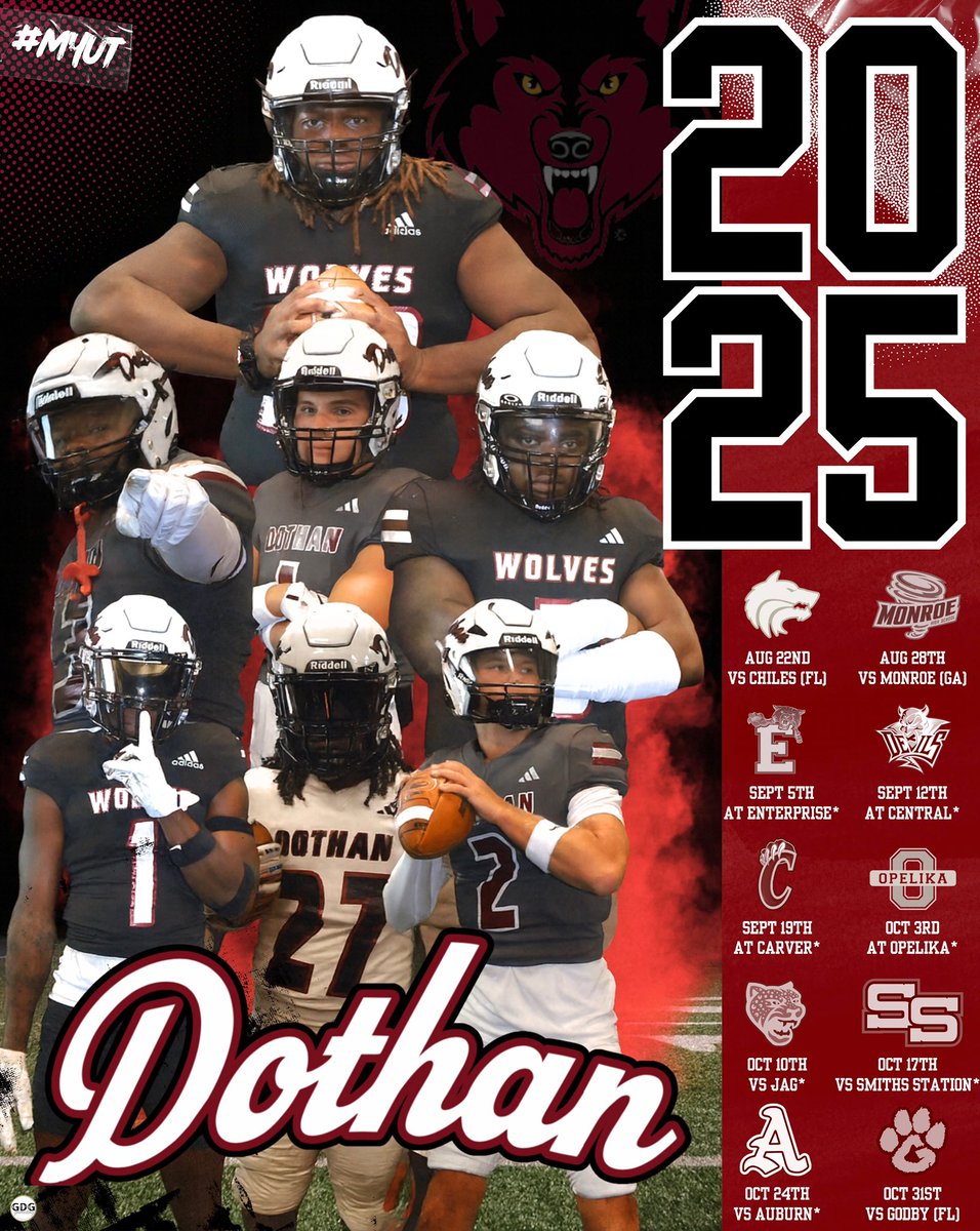 Who’s ready for Dothan Wolves Football?!  2025 Schedule  see you Aug 22 at Rip Hewes Stadium as we kick off the season against Tallahassee Chiles. #MYUT
