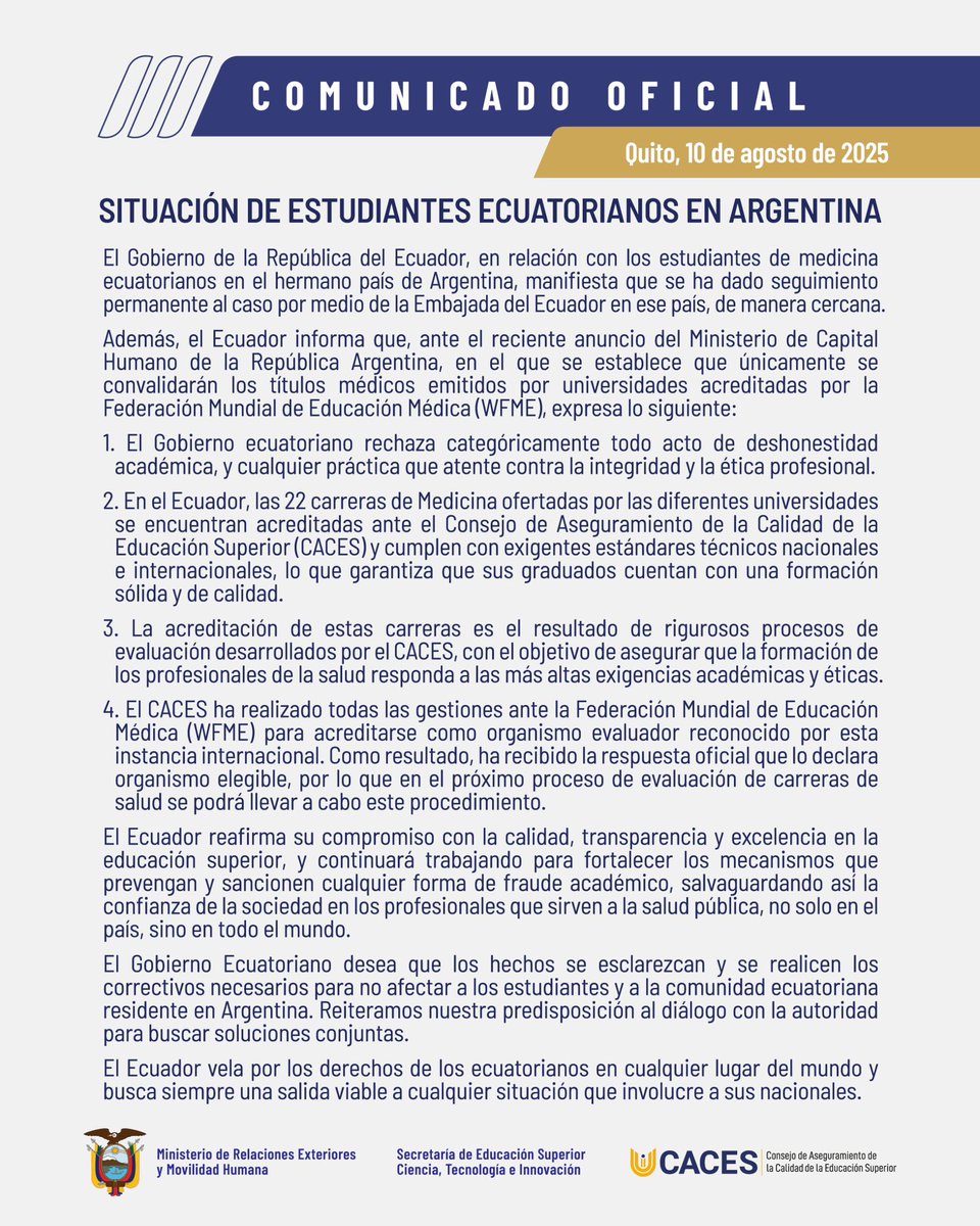 Comunicado oficial |

Situación de estudiantes ecuatorianos en Argentina.