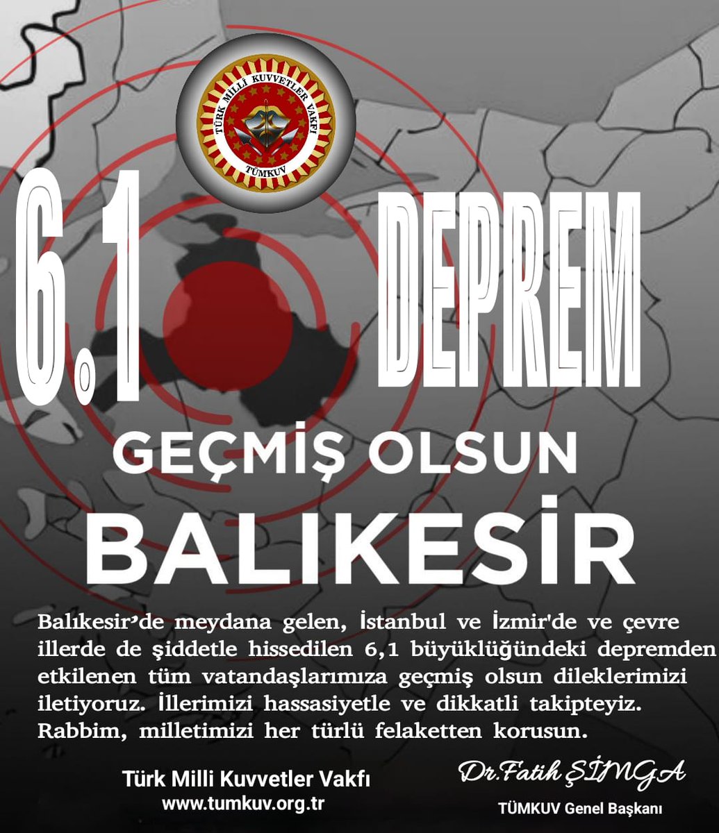 #Balıkesir’de meydana gelen, İstanbul, İzmir ve çevre illerde de şiddetle hissedilen 6,1 büyüklüğündeki depremden etkilenen tüm vatandaşlarımıza geçmiş olsun dileklerimizi iletiyoruz. İllerimizi hassasiyetle ve dikkatli takipteyiz.
Rabbim,milletimizi her türlü felaketten korusun.