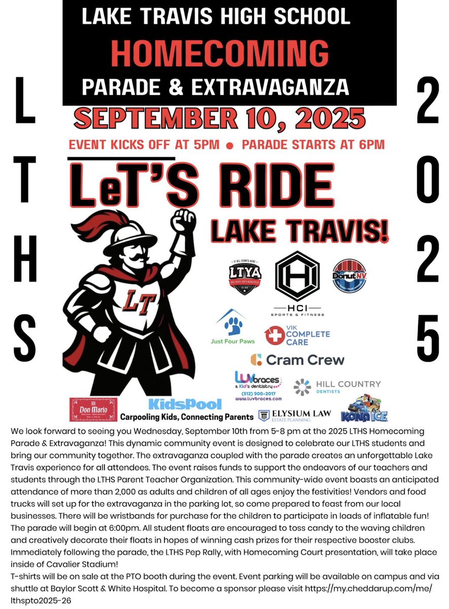 LT Homecoming Parade &amp; Extravaganza - Sept. 10th, 5pm! To sponsor, please visit mycheddarup.com/me/lthspto2025…