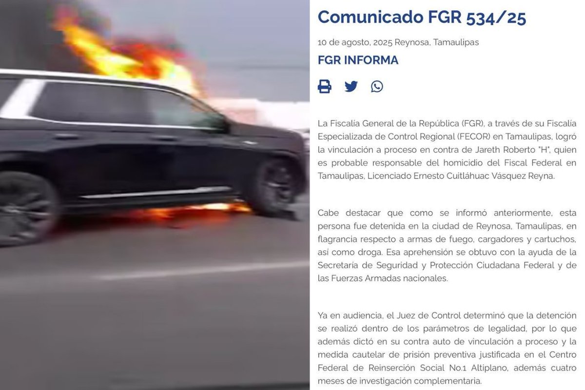 #Reynosa Vinculan a proceso a presunto asesino de Fiscal Federal
La Fiscalía General de la República, logró la vinculación a proceso en contra de Jareth Roberto "H", quien es probable responsable del homicidio del Fiscal Federal en Tamaulipas, Licenciado Ernesto Vásquez Reyna.