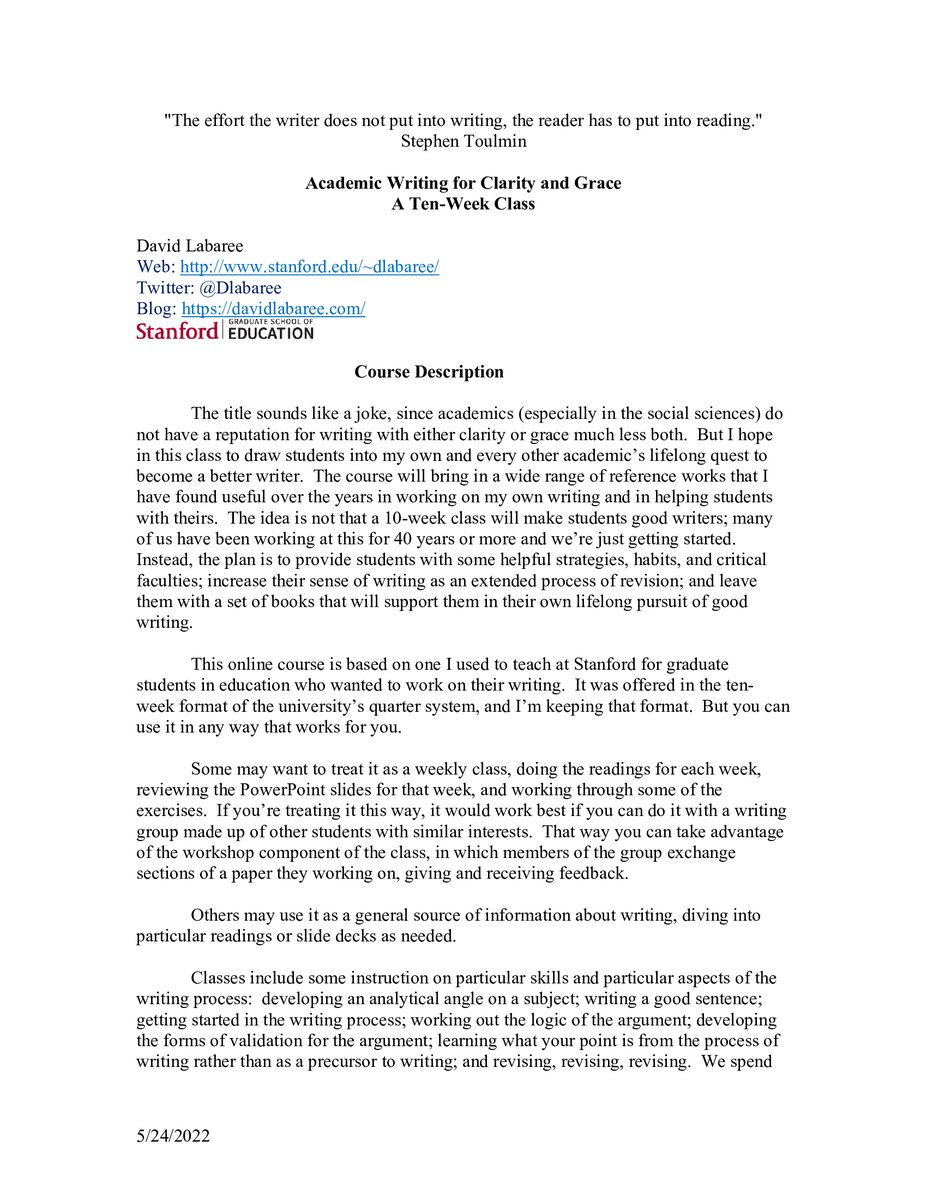 My new blog post is a collection of syllabi for classes I taught at the Stanford Graduate School of Education.  Each syllabus includes links to nearly all course readings, tips for doing the reading, and class slides.  As a result you can take the course, either individually and