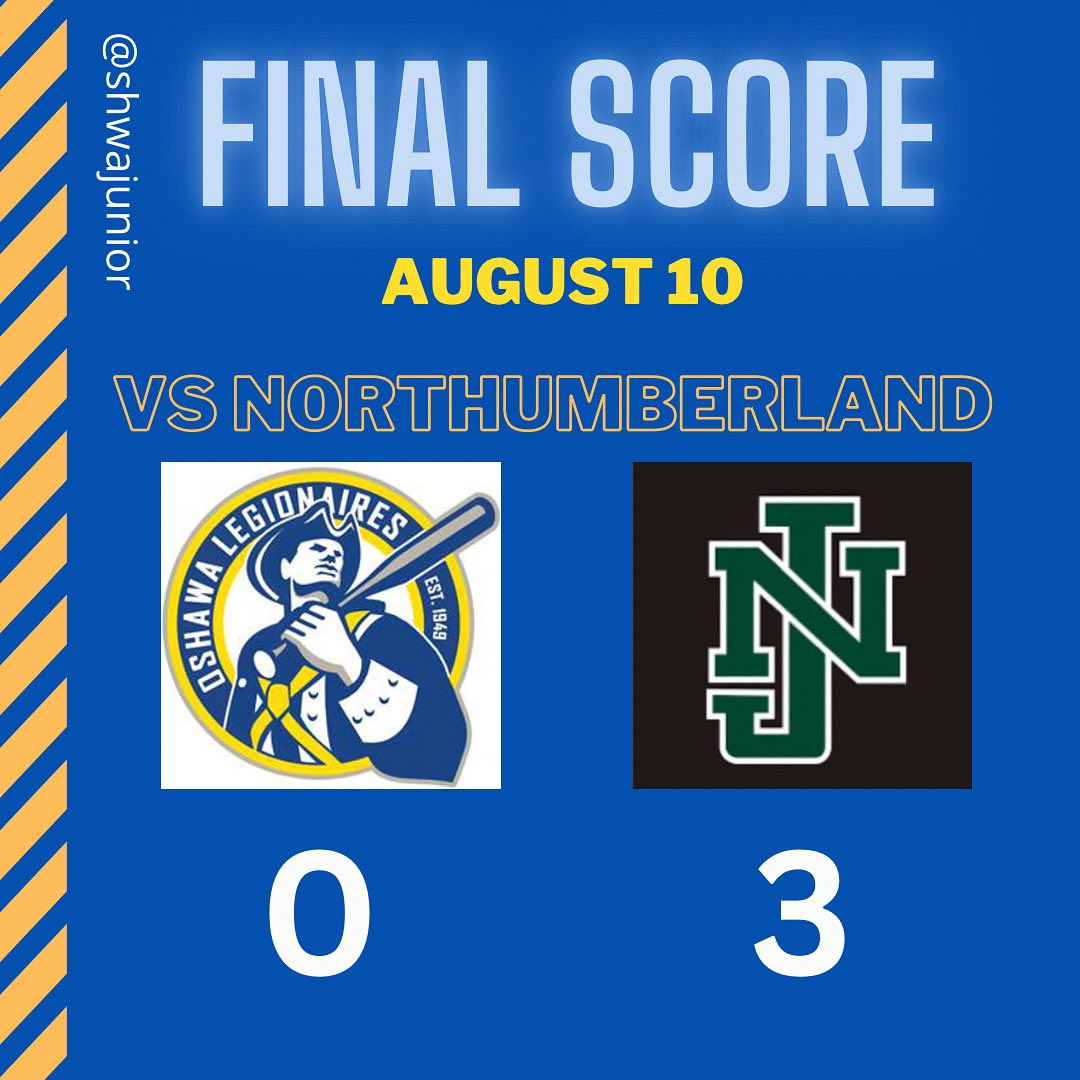 FINAL.

Connor Broughton and Gavin Lake both dominate (Oshawa only had 4 hits, Northumberland only had 2 hits and 1 was a bunt) but they made all the plays defensively and we didn’t, making 3 mistakes that handed them all 3 of their runs.