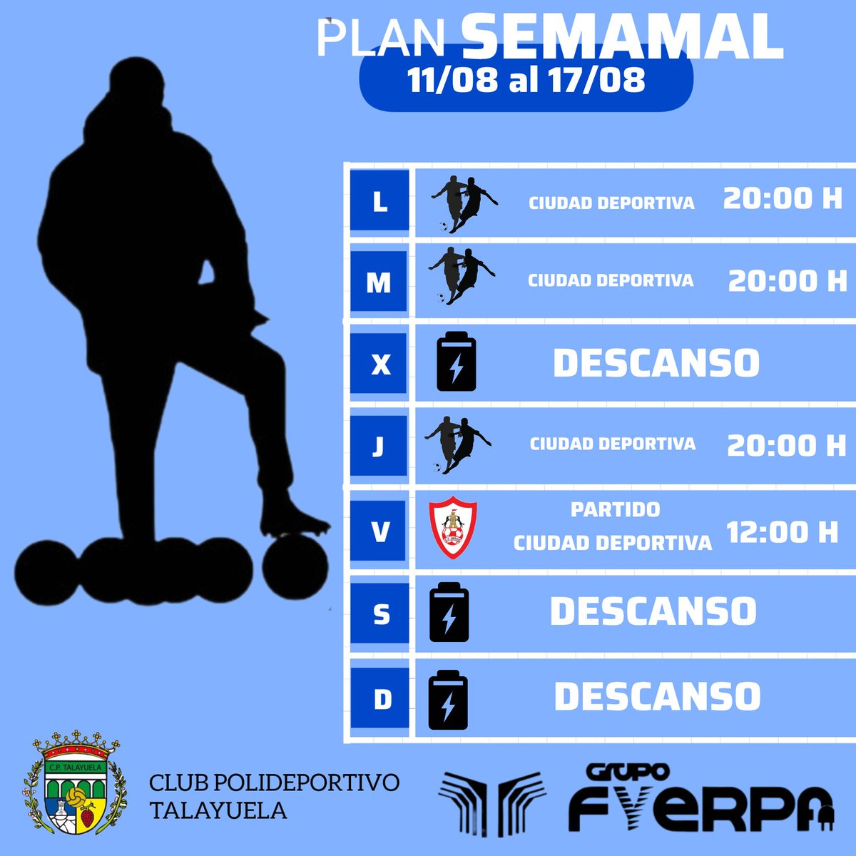 CPTalayuela's tweet photo. 💙 Este es el plan de la semana preparado por el Mister @besale.

 "El éxito no es un accidente, es trabajo duro, perseverancia, aprendizaje, sacrificio y, sobre todo, amor por lo que haces o estás aprendiendo a hacer."
  
#tequeremosilusionar
#vamostalayuel
#sentimientoazul https://t.co/LWL4oAKTiR