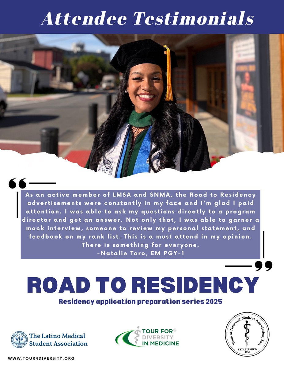 The Student National Medical Association (SNMA) (@snma) on Twitter photo Attendee Spotlight: Road to Residency!
Meet Natalie Toro, PGY-1 🩺—a past attendee who used the knowledge & strategies from our series to have a successful match! 🙌🔥 Proof our long-standing collab works—now it’s YOUR turn. Join us & crush your app! 
 #RoadToResidency Attendee Spotlight: Road to Residency!
Meet Natalie Toro, PGY-1 🩺—a past attendee who used the knowledge & strategies from our series to have a successful match! 🙌🔥 Proof our long-standing collab works—now it’s YOUR turn. Join us & crush your app! 
 #RoadToResidency