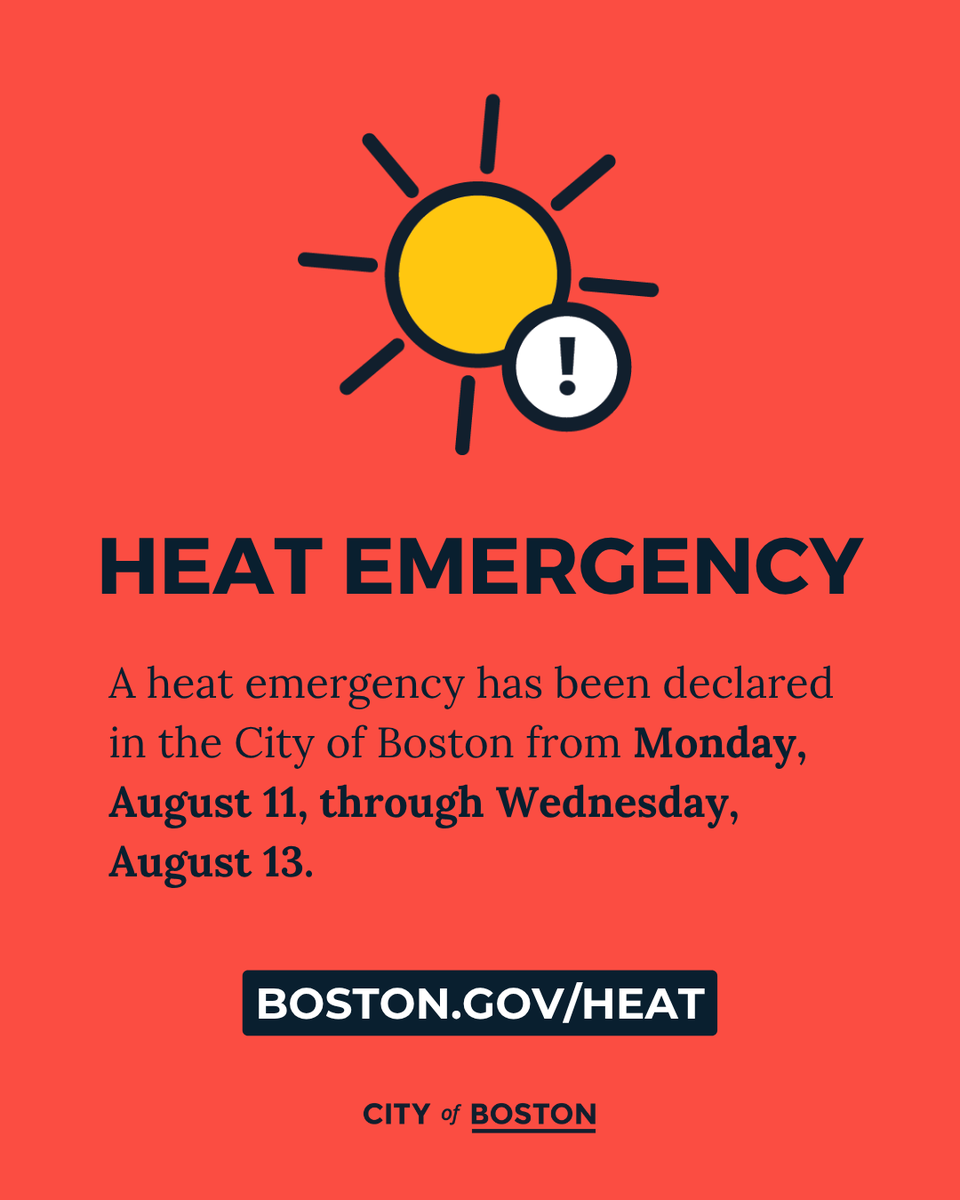 CityOfBoston's tweet photo. Mayor Michelle Wu has declared a heat emergency in the City of Boston from Monday, August 11, through Wednesday, August 13, due to the current weather forecasts. 

https://t.co/qEzAPwroAh https://t.co/DjvMtlqEls