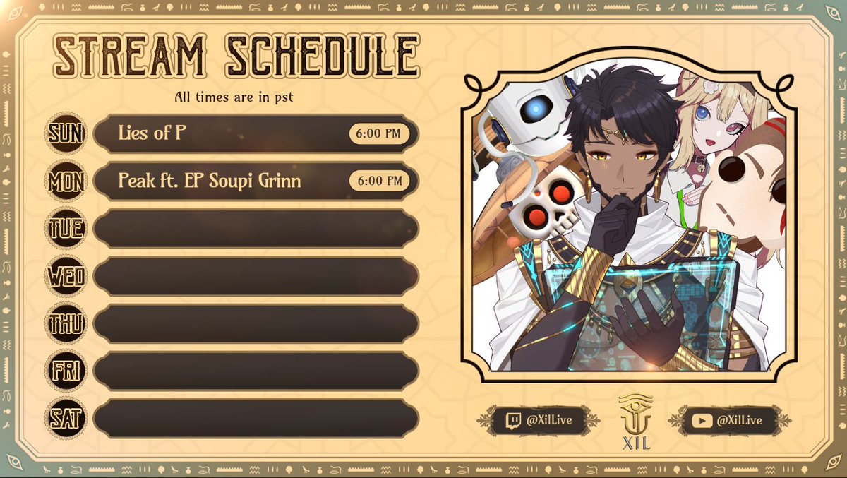 This weeks schedule up! 

Lies of P today with me and Medjed

Collab tomorrow with <a href="/EPvtuber/">EPvtuber 💀 🌿</a> <a href="/SoupiVT/">Soupi Suyumi 🍜 「 ✦ Sinergy ✦ 」</a> and <a href="/MrGrinnVT/">Mr. Grinn the Sensual Scholar VTuber</a> with Peaks major update