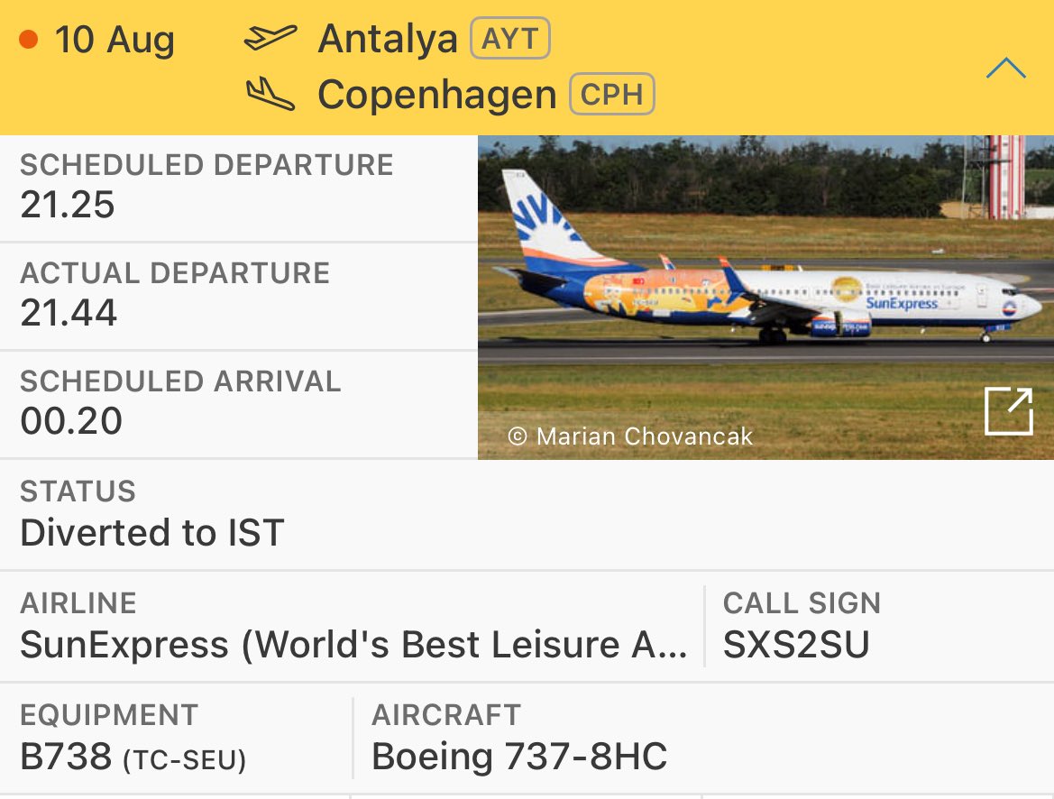 SunExpress flight XQ572 from Antalya to Copenhagen has been diverted to Istanbul Airport. Reason currently unknown.