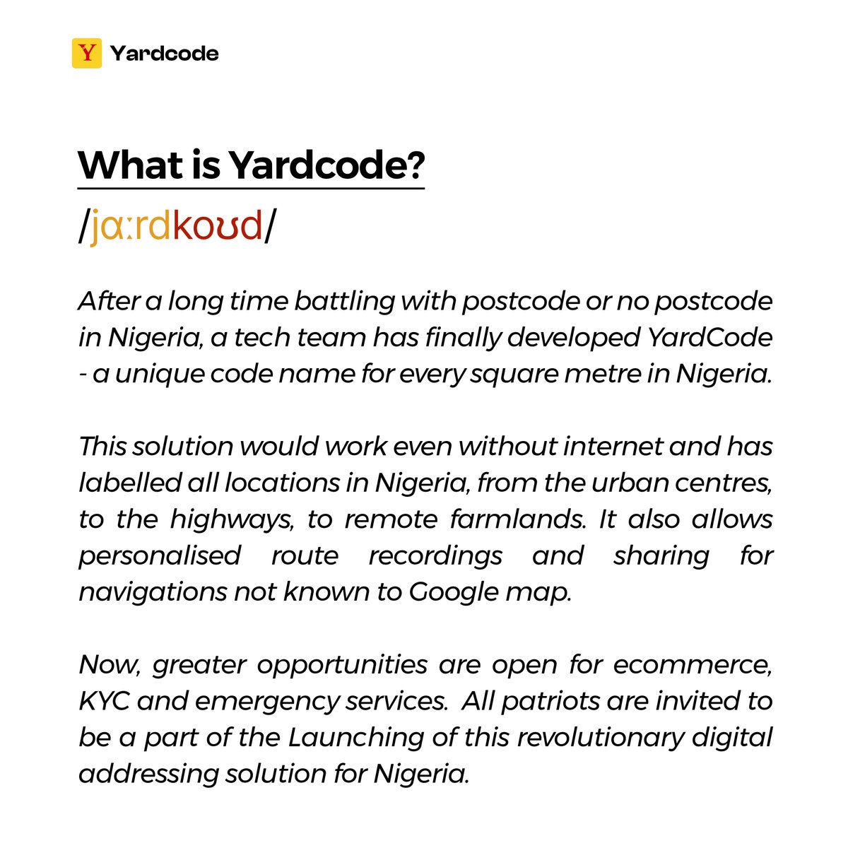 yardcodeNG's tweet image. &quot;YardCode&quot; the name of every location in Nigeria, at your fingertips😉

#yardcode #nigeria #trending #BBNaija