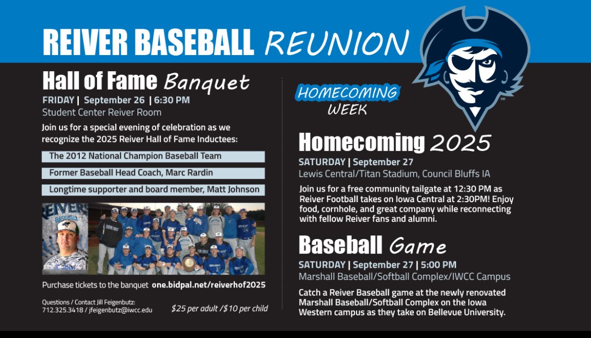 Reiver Baseball Alumni – this is YOUR weekend!

📅 Sept. 26–27, 2025

📍All the details are in the postcard below – don’t miss it! 

Purchase banquet tickets here: 
one.bidpal.net/reiverhof2025