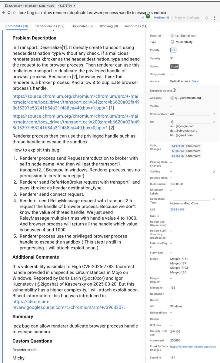 Google shelled out $250K for a Chrome sandbox escape bug, and the PoC is now public - issues.chromium.org/issues/4125787… #bugbounty #infosec #DFIR #CVE