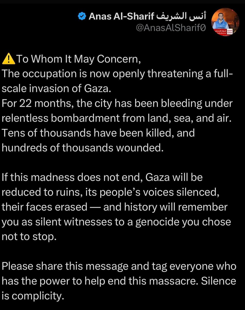 Medo198518's tweet photo. After a quarter of an hour of his appeal to the world, he was killed.

The assassination of journalist Anas al-Sharif and his colleague Mohammed Qreiqea, Al Jazeera correspondents. https://t.co/oelSYnJS8H