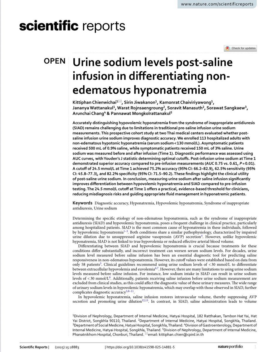 edgarvlermamd's tweet photo. Urine sodium (Urine Na) levels post-saline infusion in differentiating non-edematous hyponatremia ca. 2025 from @SciReports 
#Nephpearls 

📌 Administering a saline infusion before measuring Urine Na may improve diagnostic accuracy by decreasing urine sodium levels in hypovolemic hyponatremia while increasing them in SIAD 

👉🏼 https://t.co/Od8cO2YSgO