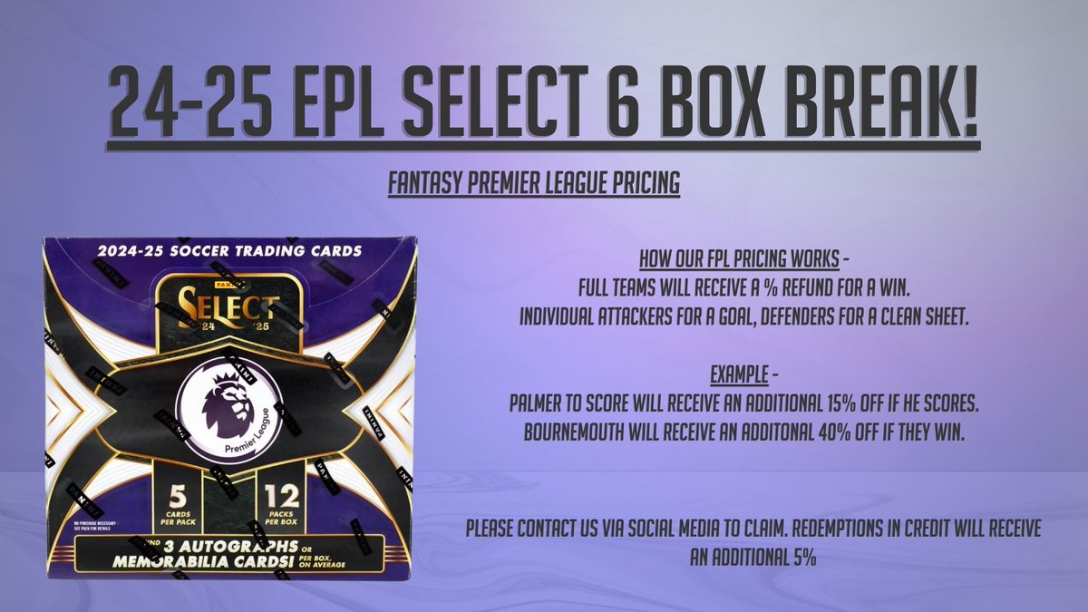 24-25 EPL Select Half Case Break.. With a TWIST! 😉

We will be applying challenges to every individual player/team spot to receive extra discounts for completion. 💰

Spots will be available Monday 4pm UK/10am US Central. ⏰