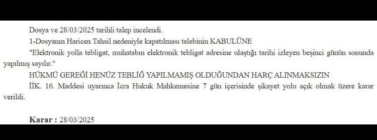 UETS ile gönderilen icra emirlerinde +5 günlük sürenin bitiminden evvel ödeme yapılması ve dosyanın haricen tahsille kapatılması halinde "TAHSİL HARCI ÖDENMEYECEĞİNE" dair isabetli icra dairesi kararı:✅⏬