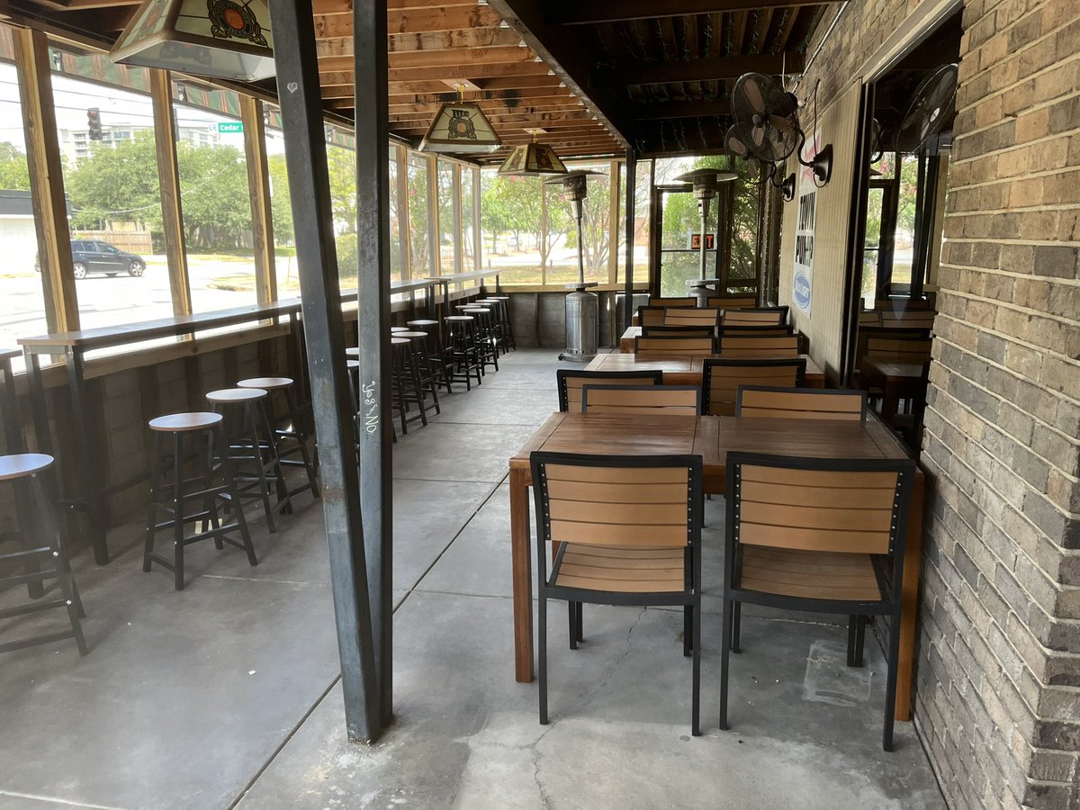 ARChickenStrips's tweet photo. It looks like Town Pump, under new ownership, is getting close to reopening. Peeking through the windows, I see new tables, new stools, the pool tables are gone, while the front and back patios have new furnishings. It’s quite an upgrade and was very needed! @EatArkansas https://t.co/bmhPB4CPNM