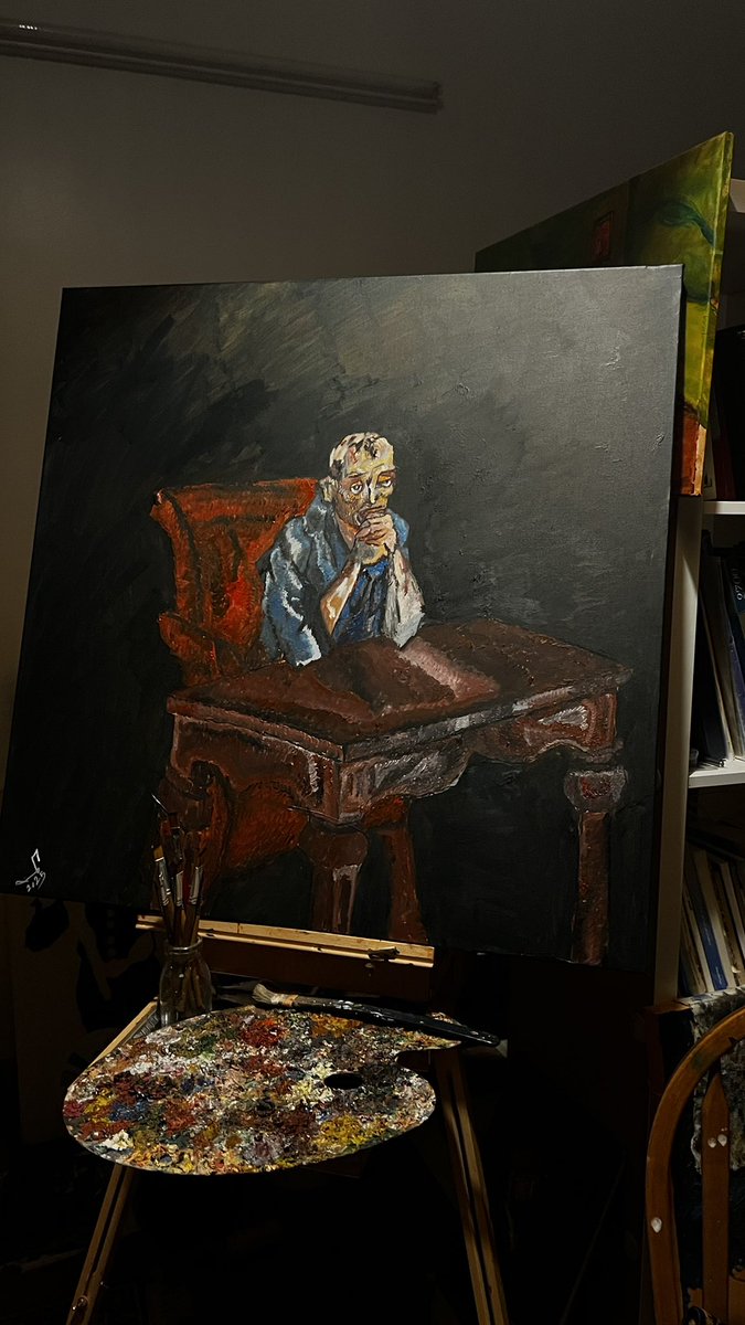 Omar_arty's tweet photo. اسرع رسمه اشرحلكم بمختصرررررر 
_ شخص جالس في منتصف اللوحة يضع يديه على فمه كأنه غارق في التفكير أو الحيرة ربما يعاني من هم أو قرار صعب الكرسي والطاولة مصممان بأسلوب كلاسيكي بلون
أحمر دافئ، يضيفان جوا من الهيبة أو الثقل، بينما الخلفية الداكنة تزيد من الإحساس بالوحدة والعزلة
#art https://t.co/32D76tLWVF