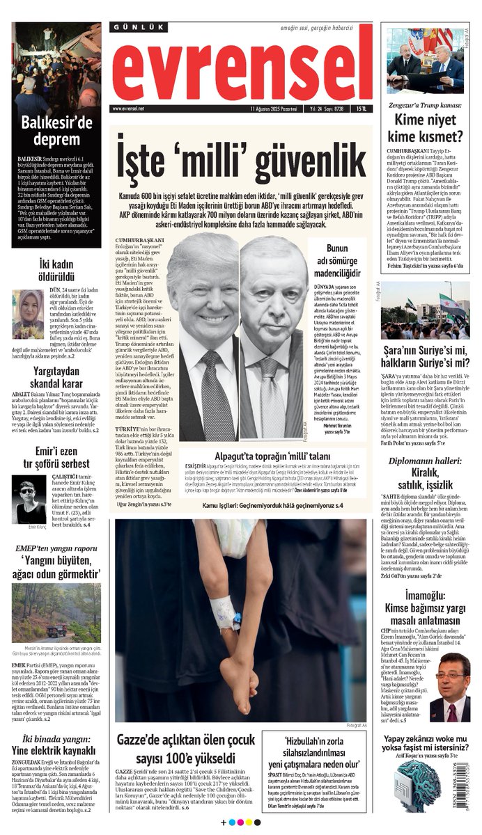 🗞️İşte "milli" güvenlik

Kamuda 600 bin işçiyi sefalet ücretine mahkûm eden iktidar, ‘milli güvenlik’ gerekçesiyle grev yasağı koyduğu Eti Maden işçilerinin ürettiği borun ABD’ye ihracını artırmayı hedefledi. AKP döneminde kârını katlayarak 700 milyon doların üzerinde kazanç