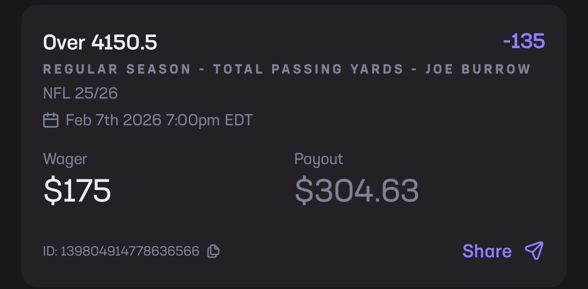 Lopez_Props's tweet photo. Joe Burrow SZN Long Passing Yards 

Joe 🥶🥶🥶🥶 

Loving this play for around 1.75u (Love Season Long plays

#GamblingTwitter #NFL #Prizepicks #HardrockBet #NFLFuture #Futures https://t.co/H0J97YIXFZ