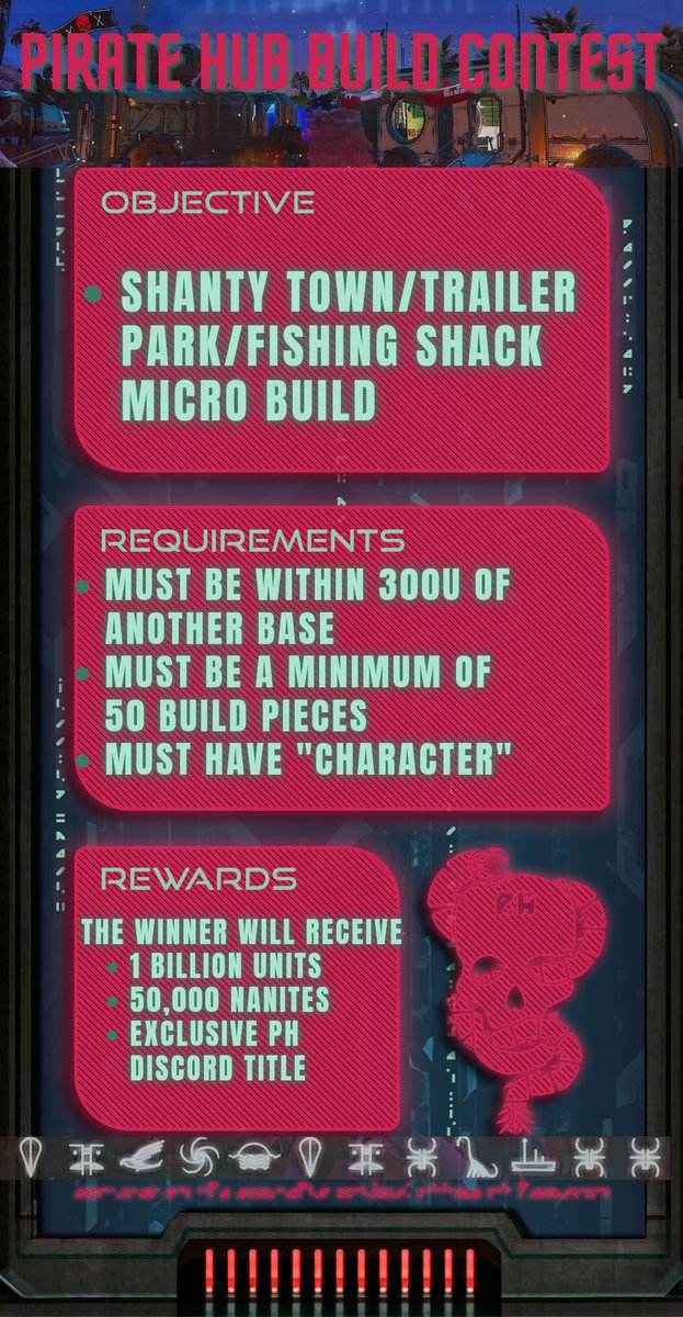 Rejoice, Nerfherders! The next Pirate Hub build contest is upon us! All entries must be submitted by August 31st! GEKNIP FOR ALL! #NoMansSky <a href="/NoMansSky/">Sean Murray</a> <a href="/hellogames/">Hello Games</a>