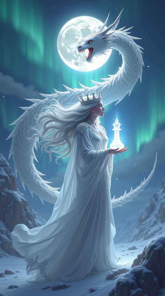 GoldenFalconsCC's tweet photo. Moon Queen and the Dragon of the Northern Lights.
Do you think this queen uses the dragon for defense or attack?
#MoonQueen #WhiteDragon #NorthernLights #PolarNight #ChessQueen #art #aiart #aiartdaily #aiartworld #aiartgallery #FantasyArt #digtalart #aiartwork https://t.co/vHHLpPL3gf