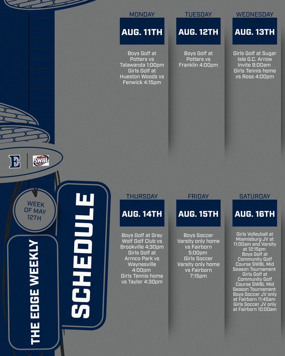 Another action-packed week ahead for Cougar Nation! Check out what's coming up for your Edgewood Athletics teams. #THEEDGE @swblsports @swosportsdaily @thereportohio @edgewoodathlet1 <a href="/edgewoodbands/">EdgewoodBandBoosters</a>