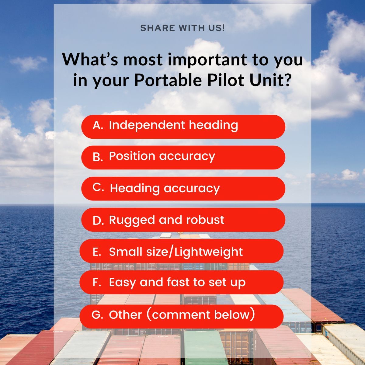 NavicomDynamics's tweet image. Pilots, what matters most to you in a PPU? ⚓

We know every port, pilot, and passage has its own demands. That’s why we’re curious — when it comes to your Portable Pilot Unit, which feature is absolutely essential for you? 

#MaritimePilots #PortablePilotUnit #MarineNavigation