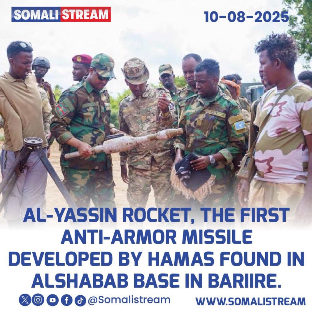 Somali Government Security Forces have confirmed the recovery of an Al-Yassin rocket - the first anti-armor missile developed by #Hamas during a recent joint offensive by the #Somali National Army and ATMIS forces in #Bariire #Somalia 

The discovery has raised serious questions
