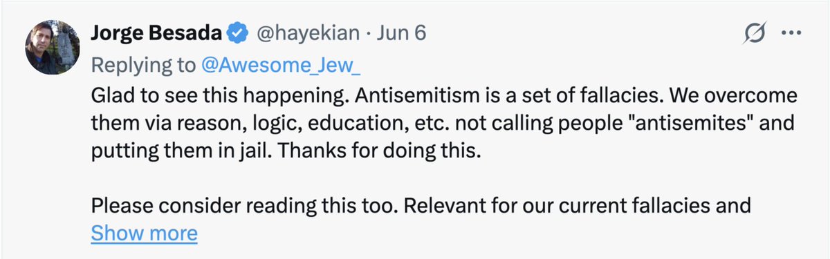 StopAntisemites's tweet photo. Miami-based computer engineer Jorge Besada of @AkvelonInc floods his social media with antisemitic rhetoric, including:
- claiming all reports of antisemitism are fake
- insisting POTUS is "controlled by Jews" 
- denying 10/7 atrocities 
- commending Aaron Bushnell's suicide in the name of "Free Palestine" & comparing him to Jesus

Imagine being a Jewish colleague forced to work alongside this.