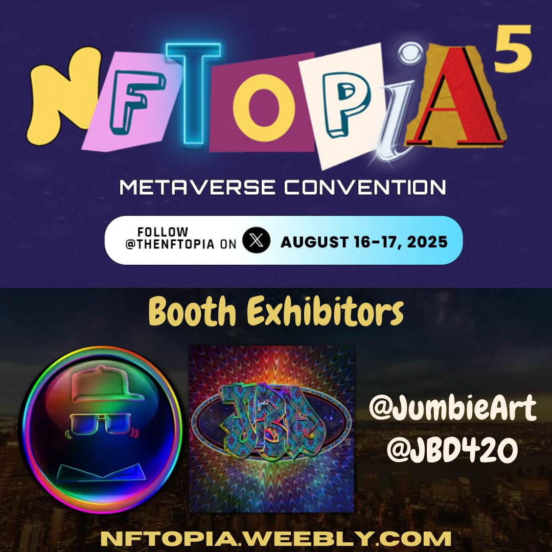 NFTOPIA Metaverse Convention (@thenftopia) on Twitter photo 🌟Join our 60 amazing exhibitors on August 16-17 at NFTOPIA 5, an EXCITING ONLINE BLOCKCHAIN EXPO! See details and pre-register here: nftopia.weebly.com
🌈✨🔥Teaming up in a booth together for a collab like no other.... JUMBIE X JEROME BAKER 🎇
Welcome <a href="/JumbieArt/">Jumbie Art</a> and 🌟Join our 60 amazing exhibitors on August 16-17 at NFTOPIA 5, an EXCITING ONLINE BLOCKCHAIN EXPO! See details and pre-register here: nftopia.weebly.com
🌈✨🔥Teaming up in a booth together for a collab like no other.... JUMBIE X JEROME BAKER 🎇
Welcome <a href="/JumbieArt/">Jumbie Art</a> and