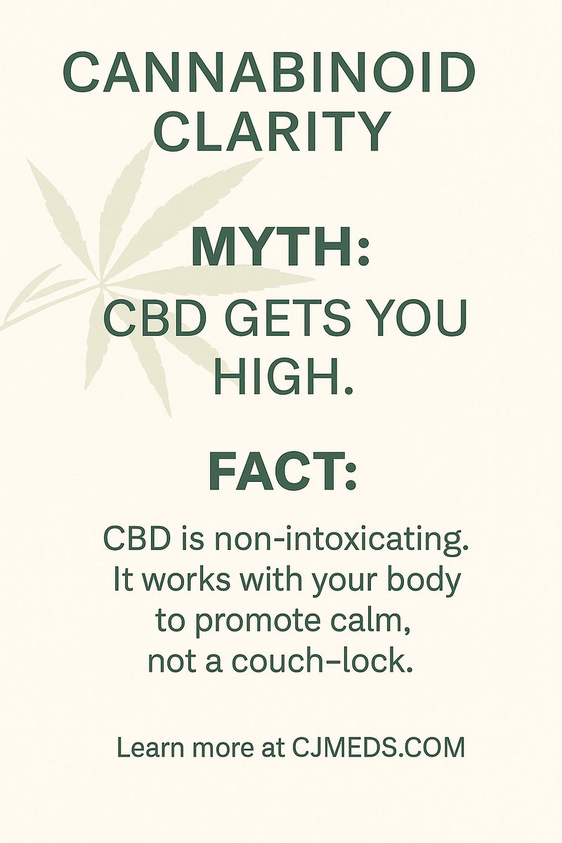 CJsMedicine's tweet photo. MYTH #1: CBD Gets You High

Think CBD will get you high?

It doesn't. CBD is non-intoxicating. It works with your body to promote a calm feeling, not couch-lock.

Have you heard this one before?

Find more clarity at https://t.co/9T6P8M77pe https://t.co/urSVPmbT3k