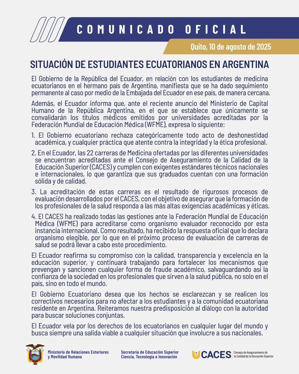 Comunicado oficial:

El Gobierno de Ecuador, a través de la Cancillería, informa a los conciudadanos residentes en Argentina: