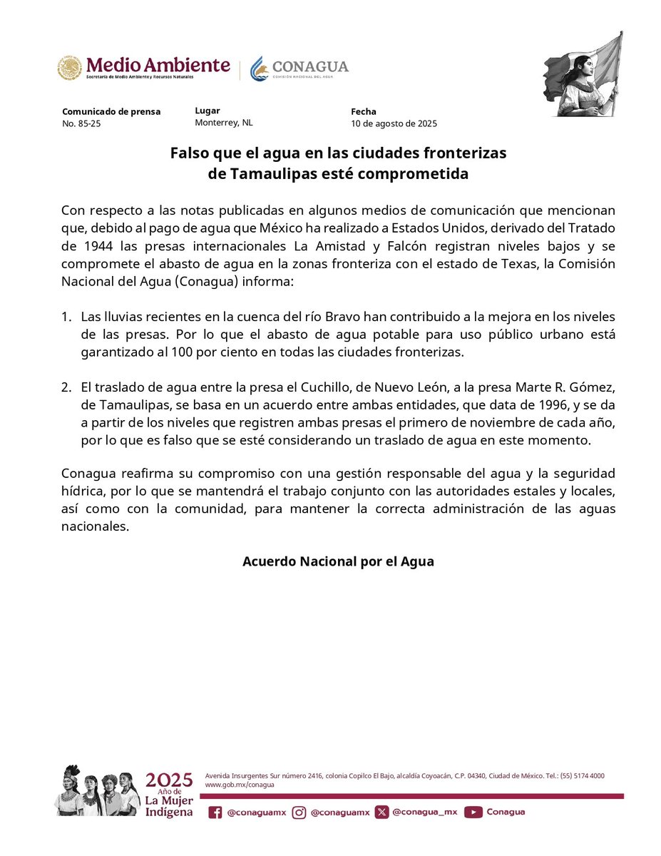 📰 Falso que falte agua en las ciudades fronterizas de Tamaulipas.

Las lluvias en la cuenca del río Bravo mejoraron las presas y el abasto está garantizado al 100%.

Conagua sigue trabajando por una gestión responsable del agua.

Más información en:
gob.mx/conagua/prensa…