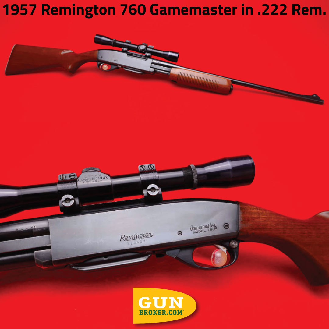 GunBroker's tweet image. 🔥 1957 Remington 760 Gamemaster in .222 Rem.  
🔗 View it here: bit.ly/45FUR8d
In collector-grade condition, this rifle is one of only 2,337 produced, emphasizing its scarcity and desirability. 

#Remington #Remington760 #222Rem #GunBroker