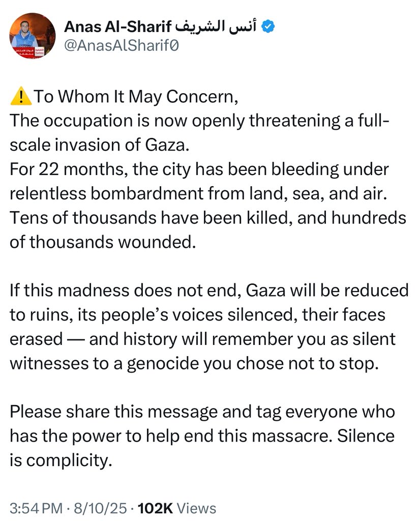 prem_thakker's tweet image. Barely an hour ago, Palestinian journalist Anas Al-Sharif warned if this doesn’t end, “Gaza will be reduced to ruins, its people’s voices silenced, their faces erased — and history will remember you as silent witnesses to a genocide you chose not to stop.”

Israel just killed him