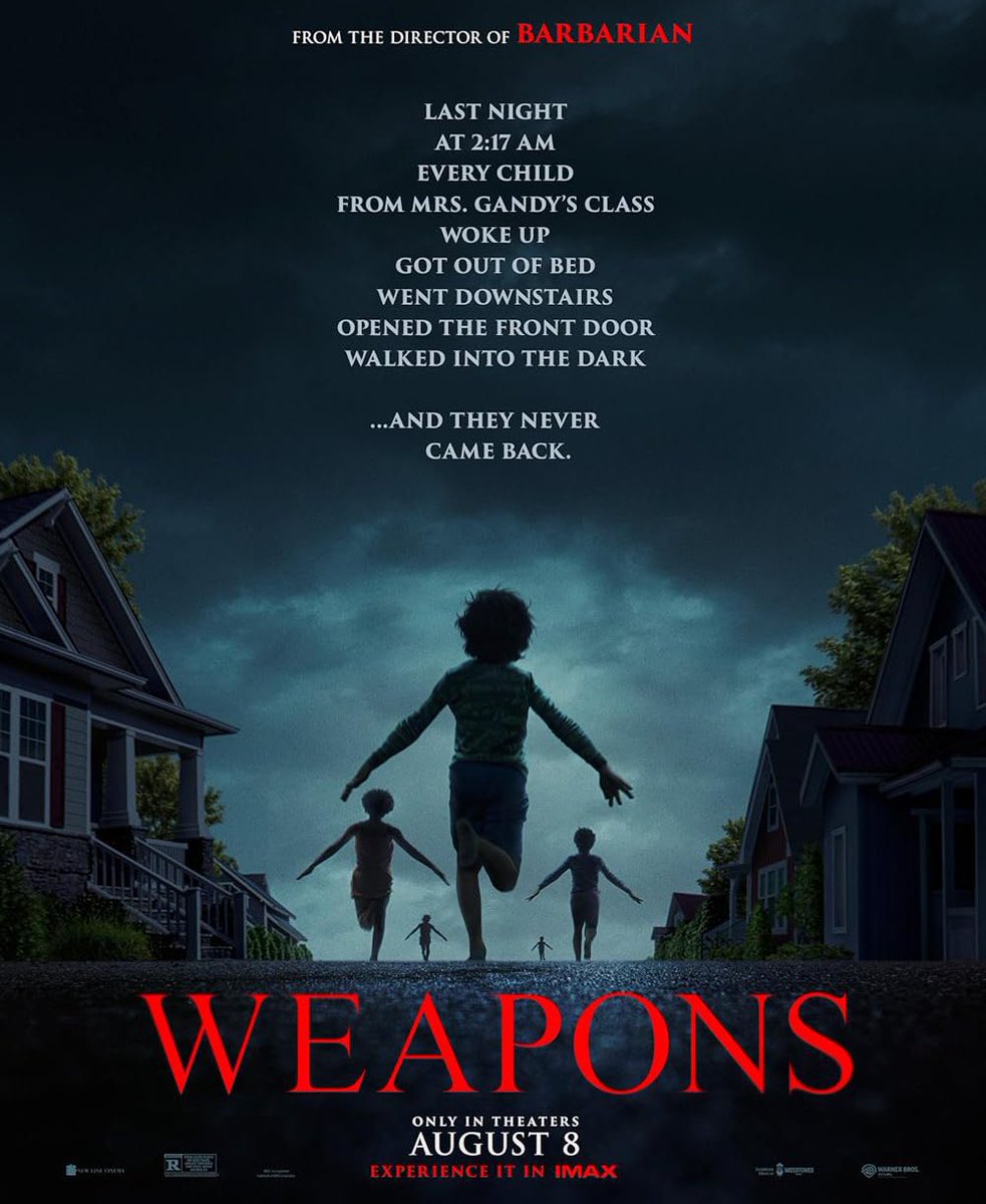 شفت فلم Weapons وغلطتي اني قرأت انطباعات ايجابية جدا عنه ورفعت التوقعات، للامانة فلم عادي وكوميدي اكثر من انه رعب لان قصته و البلوت فيه ضعيف وفيه بعض الثغرات

افضل شيء اذا بتشوفونه لا ترفعون التوقعات ترا فلم متوسط إلى جيد