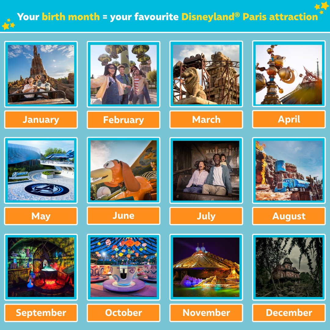 Your birth month = your Disneyland® Paris attraction!

We’re loving this one — it’s just too accurate

Which attraction did you get?

Tell us your month and tag a friend to find theirs too!

©Disney/Pixar. © 2025 MARVEL. © &amp; TM 2025 Lucasfilm Ltd. The Twilight Zone Tower of