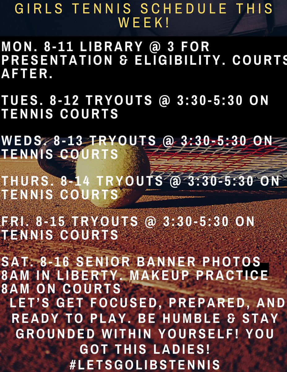 LibsTennis (@libeagletennis) on Twitter photo 1st official tryouts for Fall Sports Begins Tomorrow. Below is the Girls Tennis Schedule this week. Must be cleared by Athletics to participate. #LetsGoLibsTennis <a href="/EaglesLibertyAD/">LHS Activities</a> <a href="/WSDLibertyHS/">WSD Liberty HS</a> 1st official tryouts for Fall Sports Begins Tomorrow. Below is the Girls Tennis Schedule this week. Must be cleared by Athletics to participate. #LetsGoLibsTennis <a href="/EaglesLibertyAD/">LHS Activities</a> <a href="/WSDLibertyHS/">WSD Liberty HS</a>