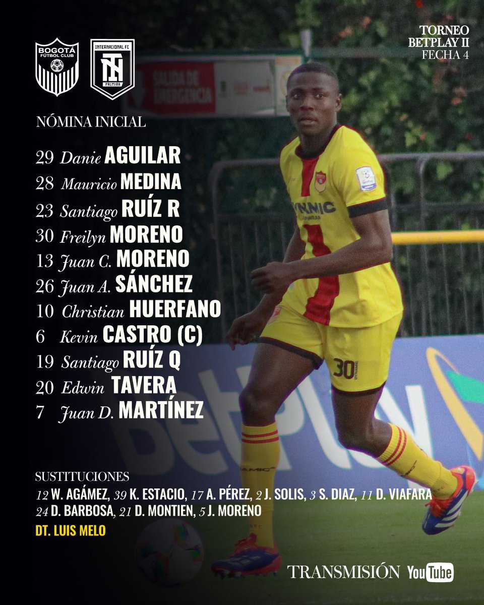Bogotá Fútbol Club (@bogotafc) on Twitter photo 🗒️LOS 11 TITULARES DEL PROFE MELO
Para enfrentar a <a href="/InterPalmira/">Internacional F.C. de Palmira</a> por la fecha 5 del TORNEO BETPLAY DIMAYOR 🏆 en El Estadio Olaya Herrera 🏟️
¡Vamos, Bogotá! 💛❤️
#BOGxINT 🗒️LOS 11 TITULARES DEL PROFE MELO
Para enfrentar a <a href="/InterPalmira/">Internacional F.C. de Palmira</a> por la fecha 5 del TORNEO BETPLAY DIMAYOR 🏆 en El Estadio Olaya Herrera 🏟️
¡Vamos, Bogotá! 💛❤️
#BOGxINT