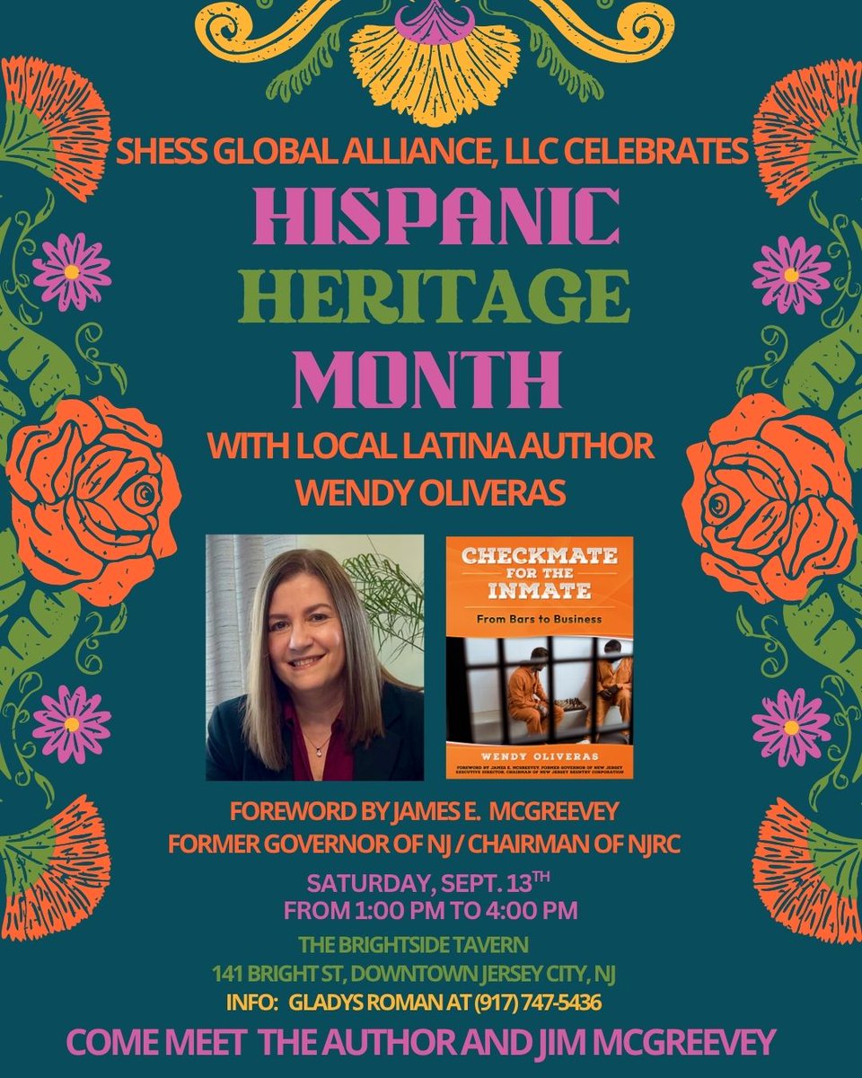 🎉 JOIN US FOR A SPECIAL HISPANIC HERITAGE MONTH CELEBRATION AND BOOK SIGNING! SHESS Global Alliance presents an afternoon of culture, community, and inspiration with Local Latina Author Wendy Oliveras and her new book, CHECKMATE FOR THE INMATE. Sat., Sept. 13th from 1 pm-4 pm.